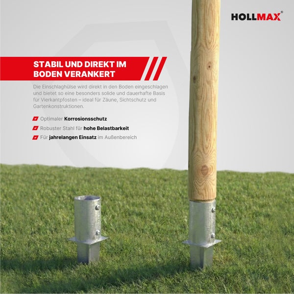 HOLLMAX Logo. Zwei verzinkte Einschlaghülsen für Zaunpfosten in einem Rasen verankert, eine davon mit eingesetztem Holzpfosten.
