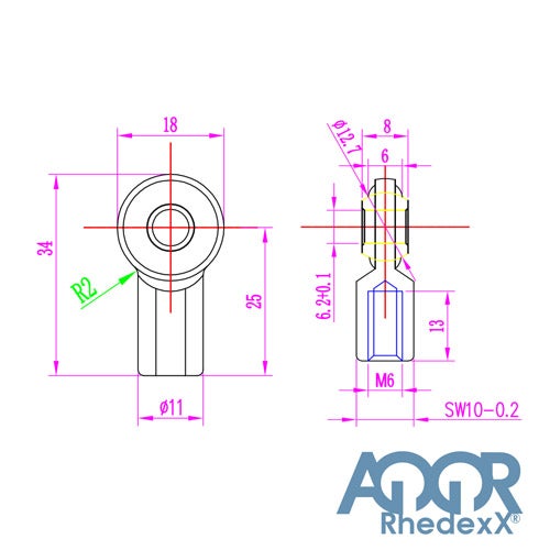 Technische Zeichnung eines AQQOR RhedexX Gelenkkopfes mit Maßangaben 34 mal 18 Millimeter, M6-Gewinde und AQQOR RhedexX Logo.