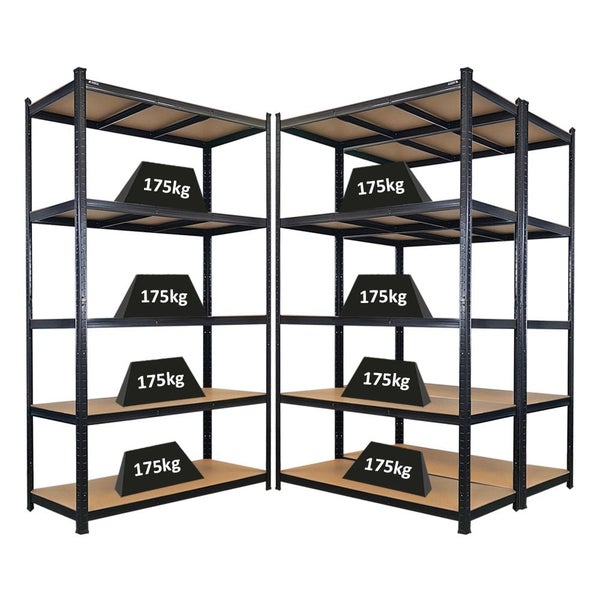 Zwei Metallregale mit vier Böden und einer Belastbarkeit von jeweils 175 Kilogramm.