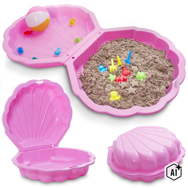 Kunststoff Sandkasten in Muschelform für Kinder inklusive Sandspielzeug und aufklappbarem Deckel zum Spielen oder als Planschbecken nutzbar.