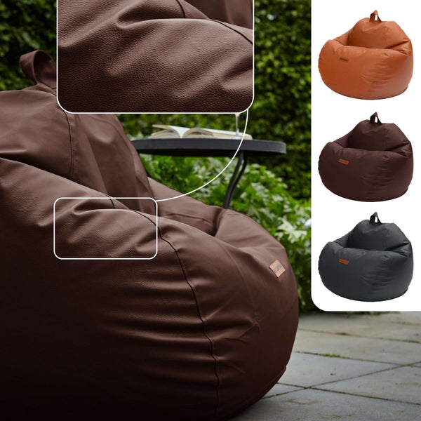 Green Bean Sitzsack aus Kunstleder mit EPS Perlen Füllung - 90 x 70 cm - Bean Bag Sitzkissen Sitzpuff Sitzsessel Bodenkissen Lounge - Dunkelbraun