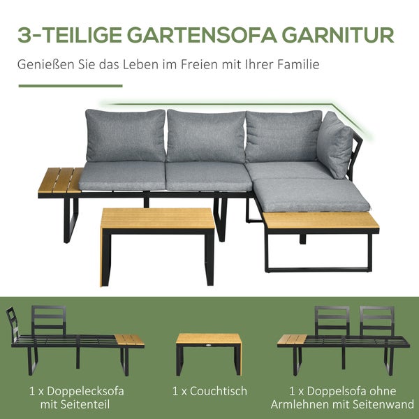 Outsunny 3-tlg. Gartenmöbel-Set, Balkonmöbel mit Sitzkissen, Gartenlounge-Set mit Doppelsofa, Ecksofa, Couchtisch, für Balkon, Terrasse, Alu, Natur+Dunkelgrau