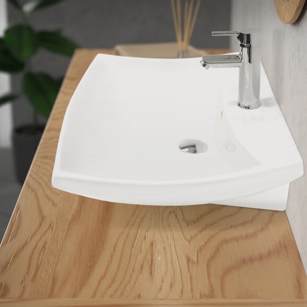 ECD Germany Waschbecken Waschtisch 605x460x165 mm aus Keramik Weiß inkl. Ablaufgarnitur für Waschbecken mit Überlauf Aufsatzbecken Aufsatzwaschbecken Aufsatzwaschtisch Waschschale Spülbecken Becken