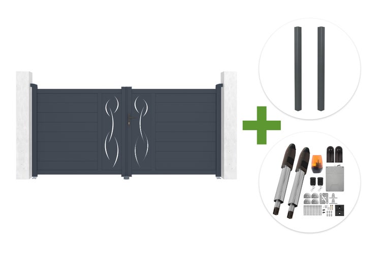 Aluminium Doppelflügeltor mit Ornamenten inklusive zwei Pfosten und elektrischem Torantrieb Set.