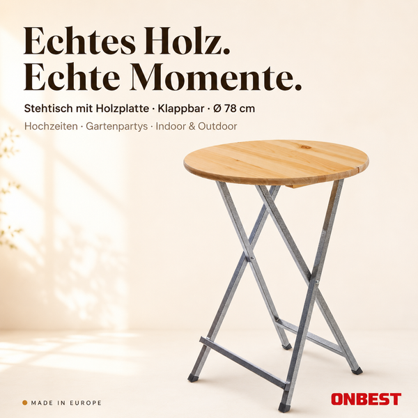 Klappbarer Stehtisch mit runder Holzplatte, Durchmesser 78 Zentimeter, verzinktes Metallgestell, ONBEST Logo