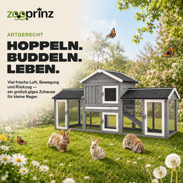 Zooprinz Logo. Zweistöckiger Kaninchenstall aus Holz mit integriertem Freilaufgehege auf einer Wiese mit Kaninchen.