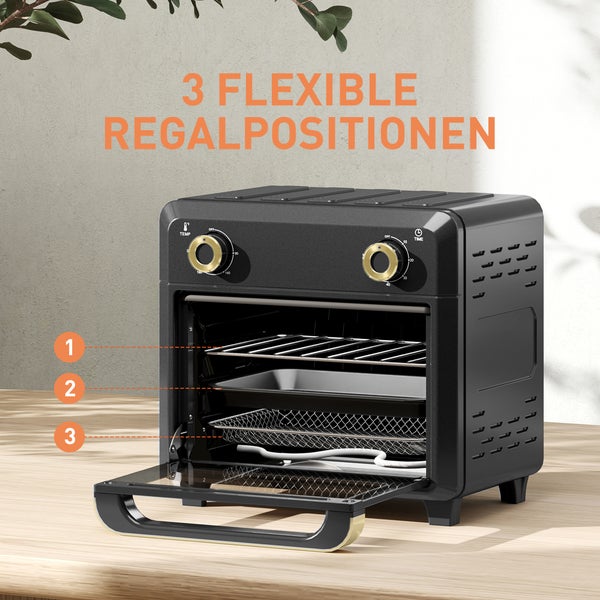Schwarzer Heißluftfritteusen-Ofen mit drei flexiblen Einschubebenen, nummeriert von eins bis drei, inklusive Rost, Backblech und Korb.