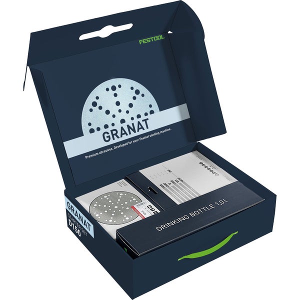 Festool Granat Starter Set D150 in der Hand gehalten.