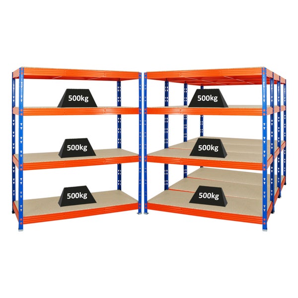 PROREGAL Mega Deal 4x Profi Schwerlastregal Rhino HxBxT 180 x 160 x 60 cm 4 Spanplatten-Ebenen 16mm Fachlast 500 kg Blau-Orange