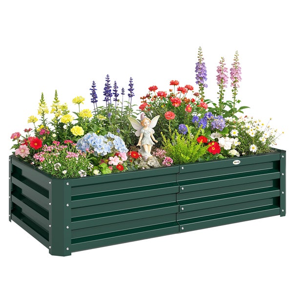 Rechteckiges Hochbeet aus Metall in Dunkelgrün, bepflanzt mit bunten Blumen und einer kleinen Gartenfee-Figur.