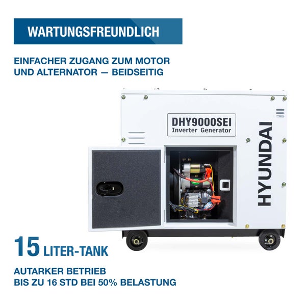 Hyundai Inverter Stromerzeuger DHY9000SEI mit wartungsfreundlichem Zugang zum Motor und 15 Liter Tank für bis zu 16 Stunden Laufzeit.
