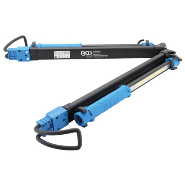 Ausziehbare LED-Motorraumleuchte von BGS mit zwei klappbaren Armen, blauen Handgriffen und seitlichen Befestigungshaken.