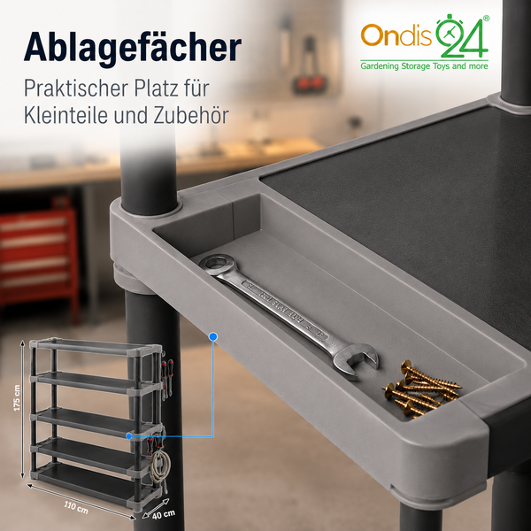 Ondis24 Logo. Kunststoffregal mit Ablagefach für Kleinteile wie Schrauben und Maulschlüssel. Maße 110 mal 40 mal 175 Zentimeter.