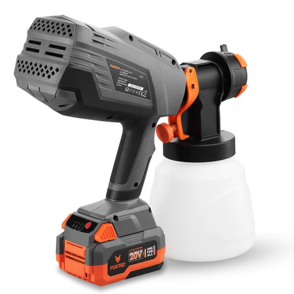 FUXTEC 20 Volt Akku-Farbsprühsystem mit Farbbehälter und Akku.