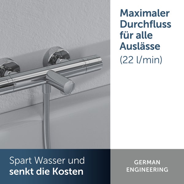Wandarmatur mit maximalem Durchfluss von 22 Litern pro Minute, spart Wasser und senkt Kosten, mit deutschem Engineering entwickelt.