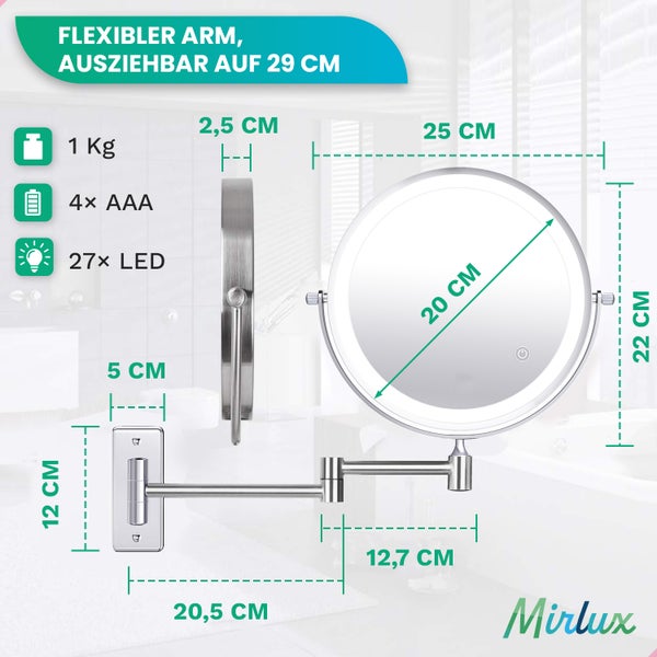 Mirlux Kosmetikspiegel mit LED Beleuchtung 5x Vergrößerung Rund 3 Lichtstufen Chrom Batterie