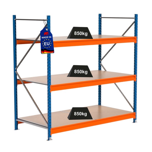 Lagerregal mit drei Ebenen und einer Traglast von 850 Kilogramm pro Ebene