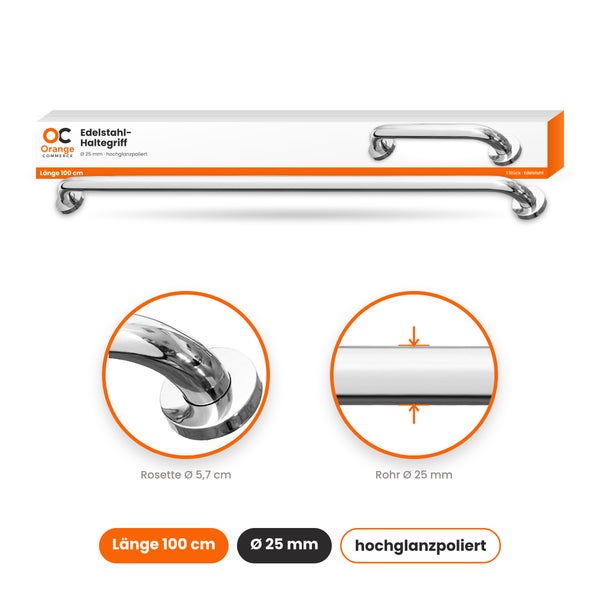 Edelstahl Haltegriff 100 cm mit 25 mm Rohrdurchmesser, hochglanzpoliert für das Badezimmer.