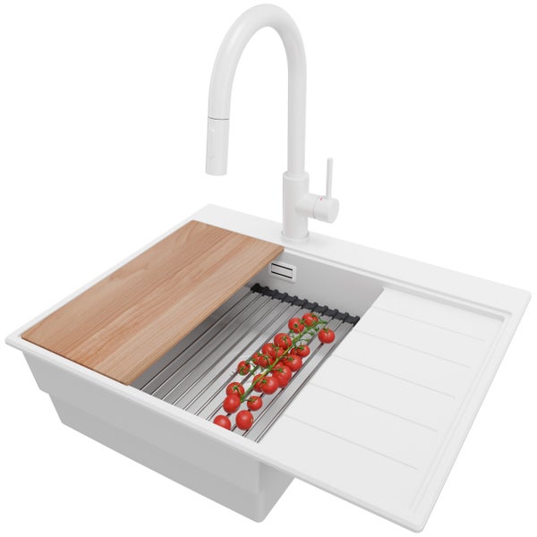 PRIMAGRAN Granitspüle Alles Weiß 62x50cm, Spülbecken 1 Becken + Küchenarmatur 40x20cm + Ablauf-Set + Küchenzubehörset, Küchenspüle ab 45er Unterschrank - Sydney