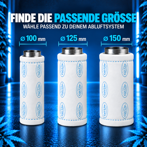 Drei Can Lite Aktivkohlefilter für Abluftsysteme in den Größen 100 mm, 125 mm und 150 mm zur Auswahl der passenden Rohrgröße.