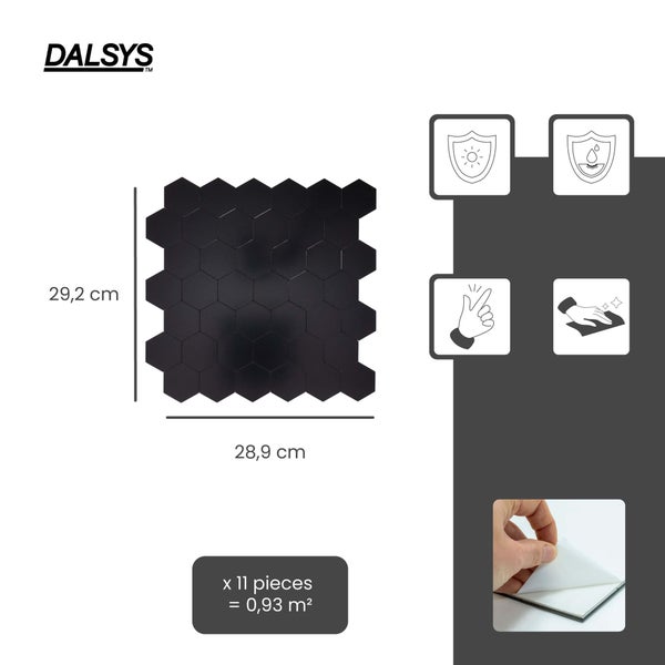 Dalsys Logo. Selbstklebende sechseckige Mosaik-Wandfliese, 29,2 mal 28,9 Zentimeter. 11 Stück für 0,93 Quadratmeter. Wasserfest und UV-beständig.