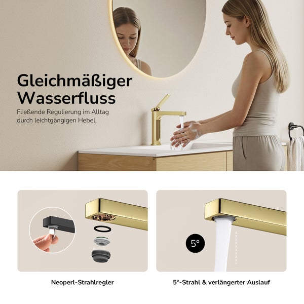 Frau wäscht sich die Hände an einem Waschbecken mit Armatur. Details zeigen einen Neoperl Strahlregler und einen 5 Grad geneigten Wasserstrahl.