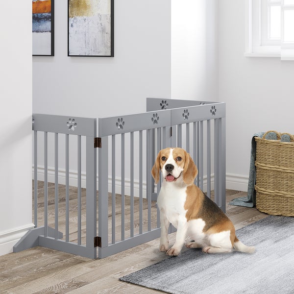 PawHut Absperrgitter Hund, Verstellbares Türschutzgitter mit 2 Stützfüßen, 204 x 61 cm Treppengitter aus Holz, Freistehend Hundegitter Schutzgitter für Flur, Treppe, 4 Paneelen, Hellgrau