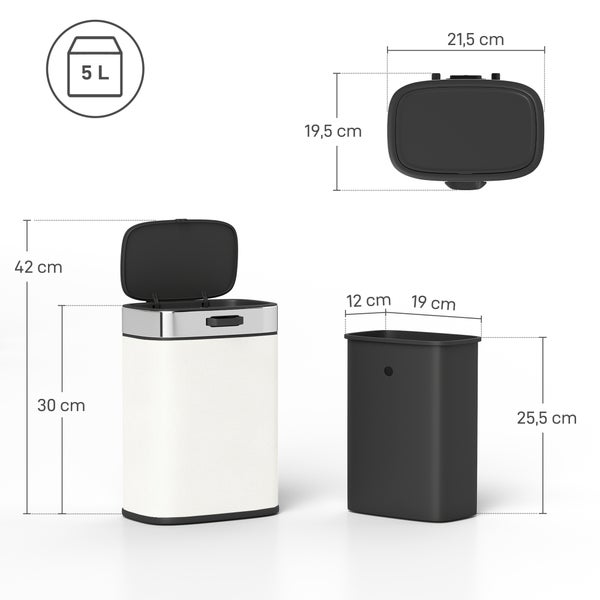 Treteimer mit den Maßen 42 cm Höhe, 21,5 cm Breite und 5 Litern Fassungsvermögen.