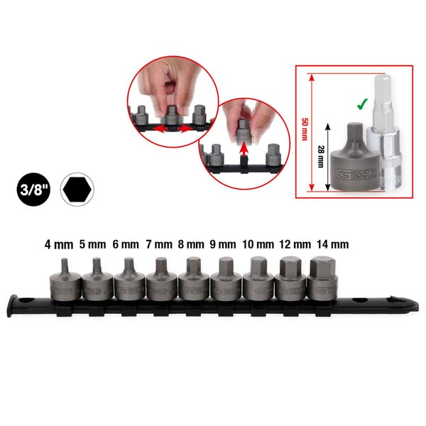 KS TOOLS 3/8 Bit-Stecknuss-Satz Innensechskant kurz 9tlg. 4-14 mm - 917.4000