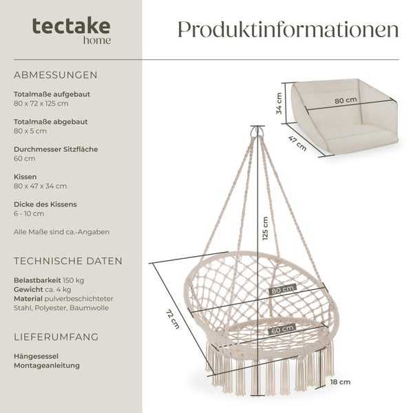 Hängesessel tectake Grazia 80 x 72 x 125 cm mit Sitz- und Rückenpolster beige