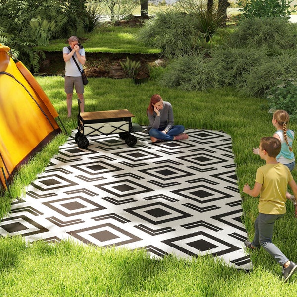 Outsunny Outdoor Teppich robuster Wetterfest Outdoorteppich mit Tragtasche, faltbar Carpet Boho-Style, Outdoor-Teppich für Wohnzimmer Balkon Garten Terrasse Bad Flur Küche, 182 x 274 cm Schwarz+Weiß