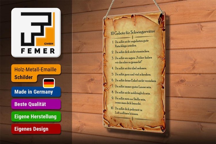 Blechschild Spruch 20x30cm 10 Gebote für Schwiegerväter