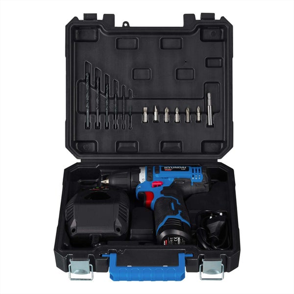 Hyundai Akkubohrschrauber 12 Volt mit Ladegerät und Zubehörset im Kunststoffkoffer