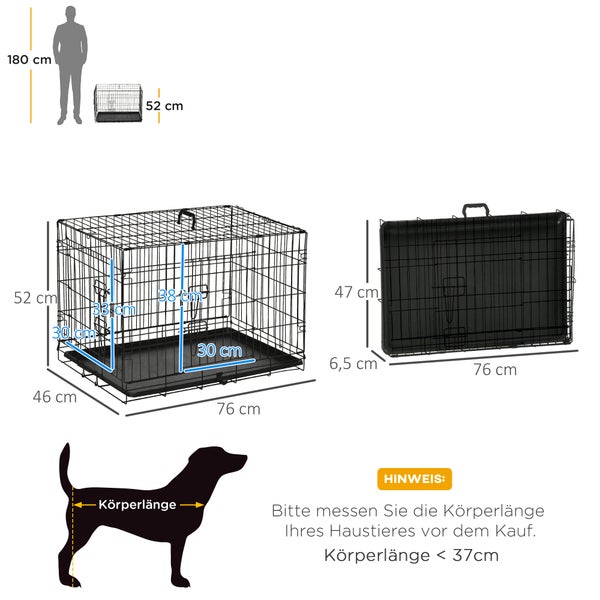 PawHut Hundekäfig, Transportkäfig, 76 x 46 x 52 cm, Metall, Schwarz