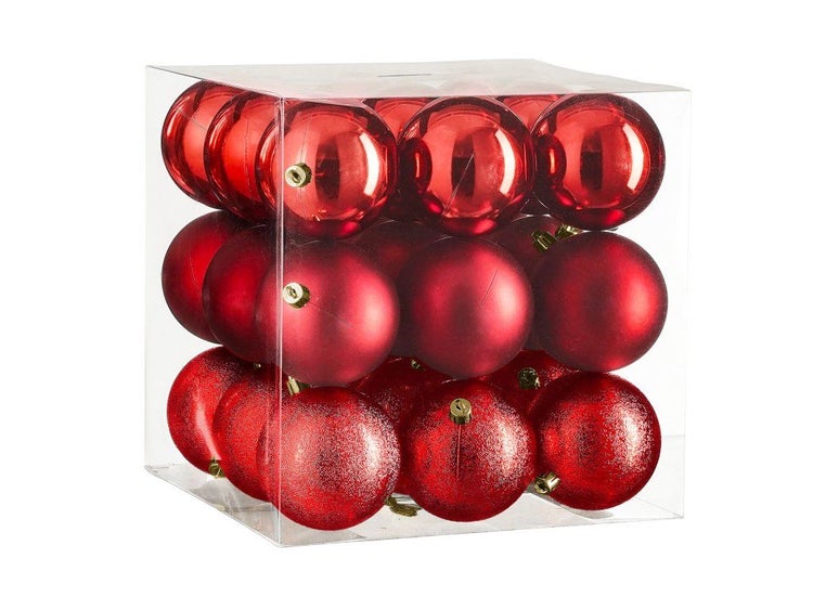 Set mit Weihnachtskugeln in verschiedenen Oberflächenausführungen verpackt in einer transparenten Kunststoffbox.