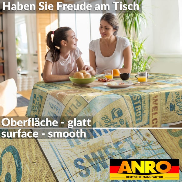 Rundes Wachstuch mit Vintage-Kaffee-Motiv und glatter Oberfläche, präsentiert auf einem Frühstückstisch mit Mutter und Tochter. ANRO Logo.