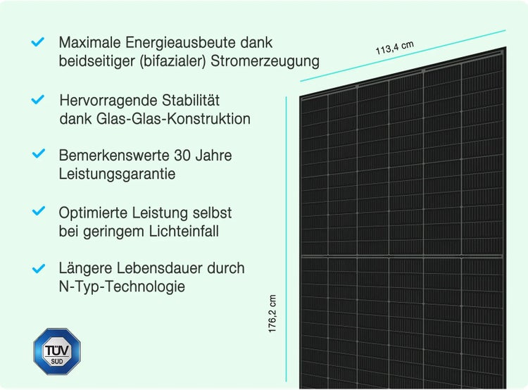 Solarpanel mit den Maßen 113,4 cm mal 176,2 cm