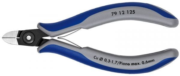 Elektronik-Seitenschneider mit ergonomischen Mehrkomponenten-Griffen und Öffnungsfeder für präzise Schneidarbeiten.