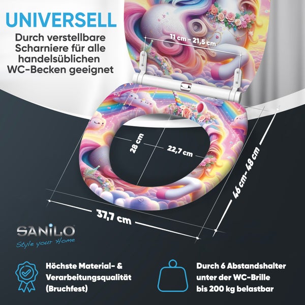 Sanilo WC-Sitz mit Einhorn-Motiv und verstellbaren Scharnieren zur universellen Montage auf handelsüblichen WC-Becken mit Bemaßung.
