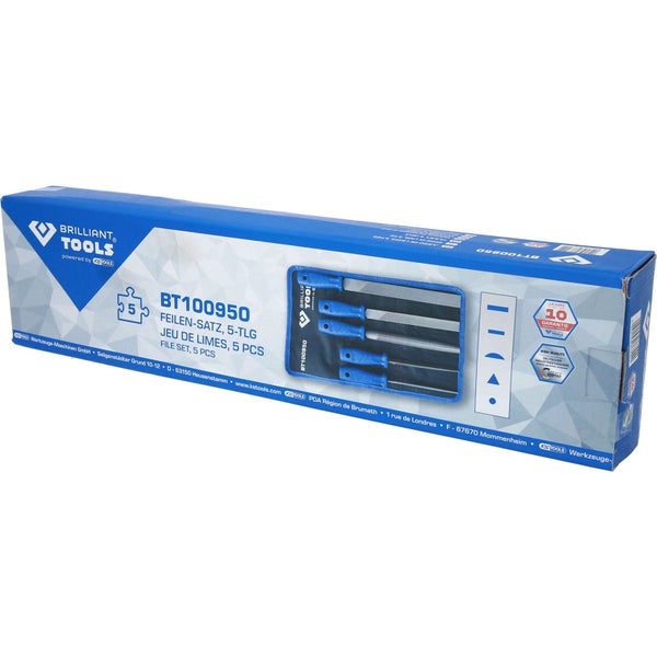 Brilliant Tools Feilensatz BT100950, 5-teilig, in schwarzer Rolltasche mit blauen Griffen.