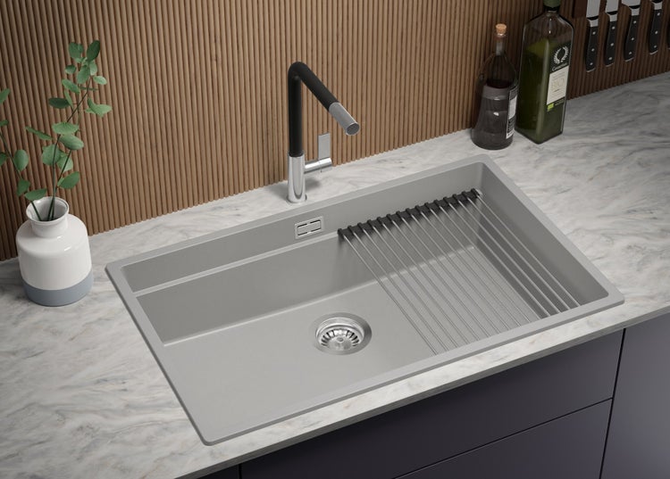 PRIMAGRAN Spülbecken Grau 76x47cm, Granitspüle 1 Becken + Ablauf-Set + Aufrollbare Abtropffläche, Küchenspüle ab 80er Unterschrank - Praga Slim