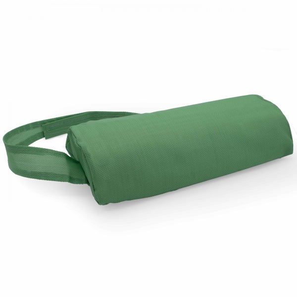 Nackenkissen für Gartenstühle mit Befestigungsband aus grünem Stoff.