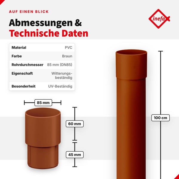 Technische Zeichnung eines Fallrohrs aus Polyvinylchlorid mit 85 Millimeter Durchmesser und 100 Zentimeter Länge inklusive Inefa Logo.