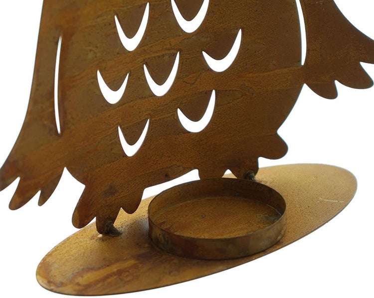 Dekoleidenschaft Kerzenhalter Eule aus Metall in Rost Optik, 24 cm hoch, Teelichthalter, Windlicht für Teelichter und Stumpenkerzen, Teelichtständer, Tischdeko