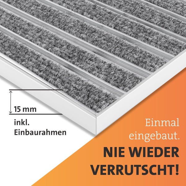 Schmutzfangmatte mit Aluminiumrahmen für Eingang | Einbau Alu-Fußmatte Innen & Außen überdacht | Robuste, eingelassene Eingangsmatte Grau 100 x 80 cm