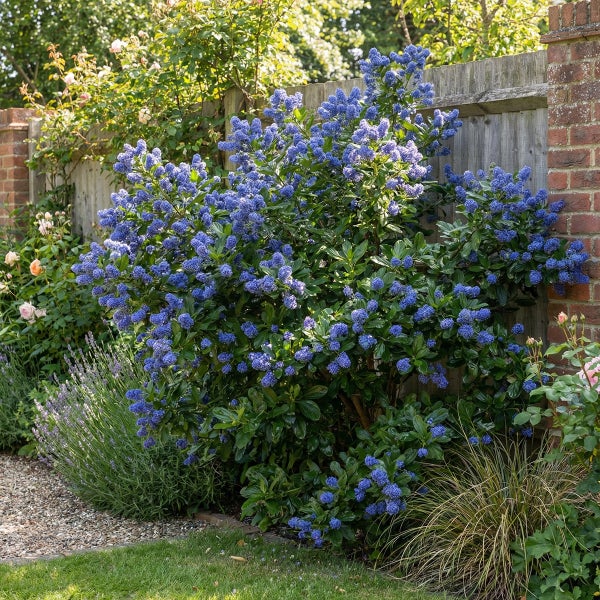 Helles Gartenbeet mit blau blühendem Strauch, Lavendel und Ziergräsern vor einem Holzzaun und einer Backsteinmauer.