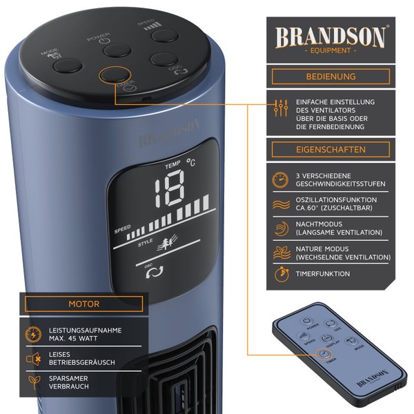 Brandson - Turmventilator mit Fernbedienung - Oszillation 60° - Standventilator - mobiler Lüfter - Tower Fan - 96 cm - 45W - Ventilator