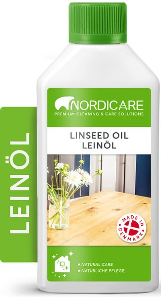 Nordicare Leinöl [500ml] für Holz zum Holzschutz I Leinöl Firnis Holzöl für Innen I Gekochtes Leinöl für Möbel Holz Öl, Leinenöl Holz