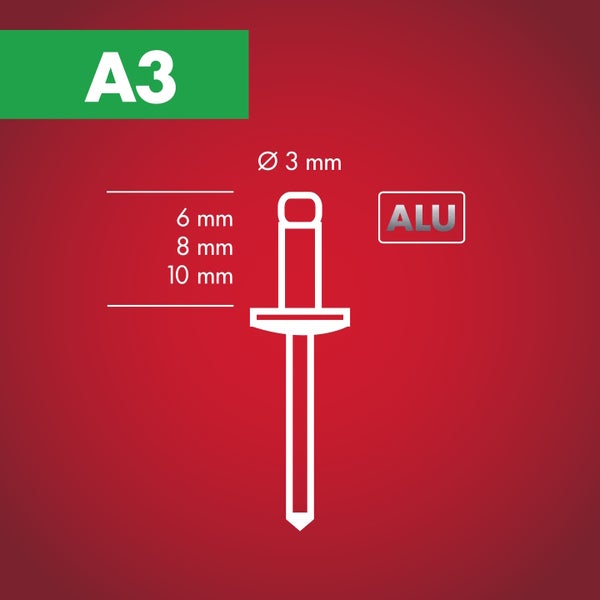 Blindniete Typ A3 aus Aluminium mit 3 Millimeter Durchmesser und Längen von 6, 8 und 10 Millimeter.