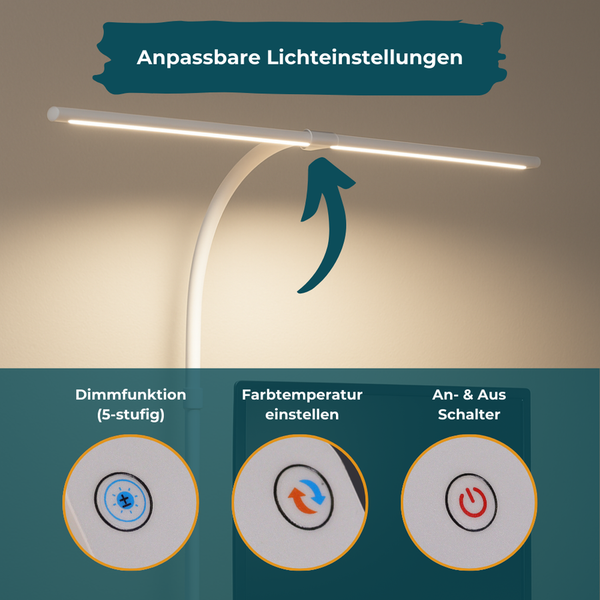 LED-Schreibtischleuchte mit anpassbaren Lichteinstellungen, 5-stufiger Dimmfunktion, einstellbarer Farbtemperatur und Ein- und Aus-Schalter.